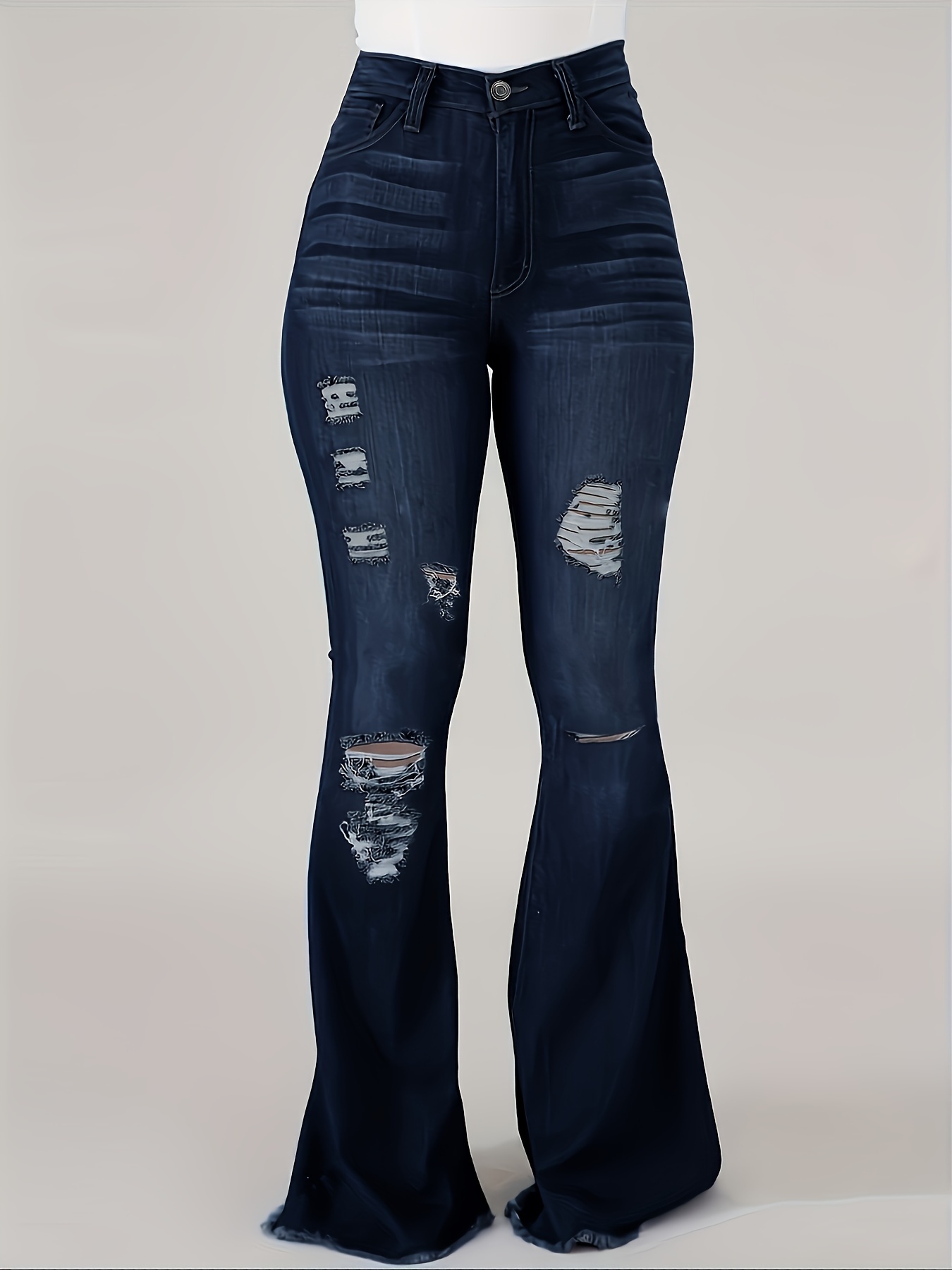 Jeans Acampanados Desgastados Arrugas Rasgaduras Pantalones - Temu