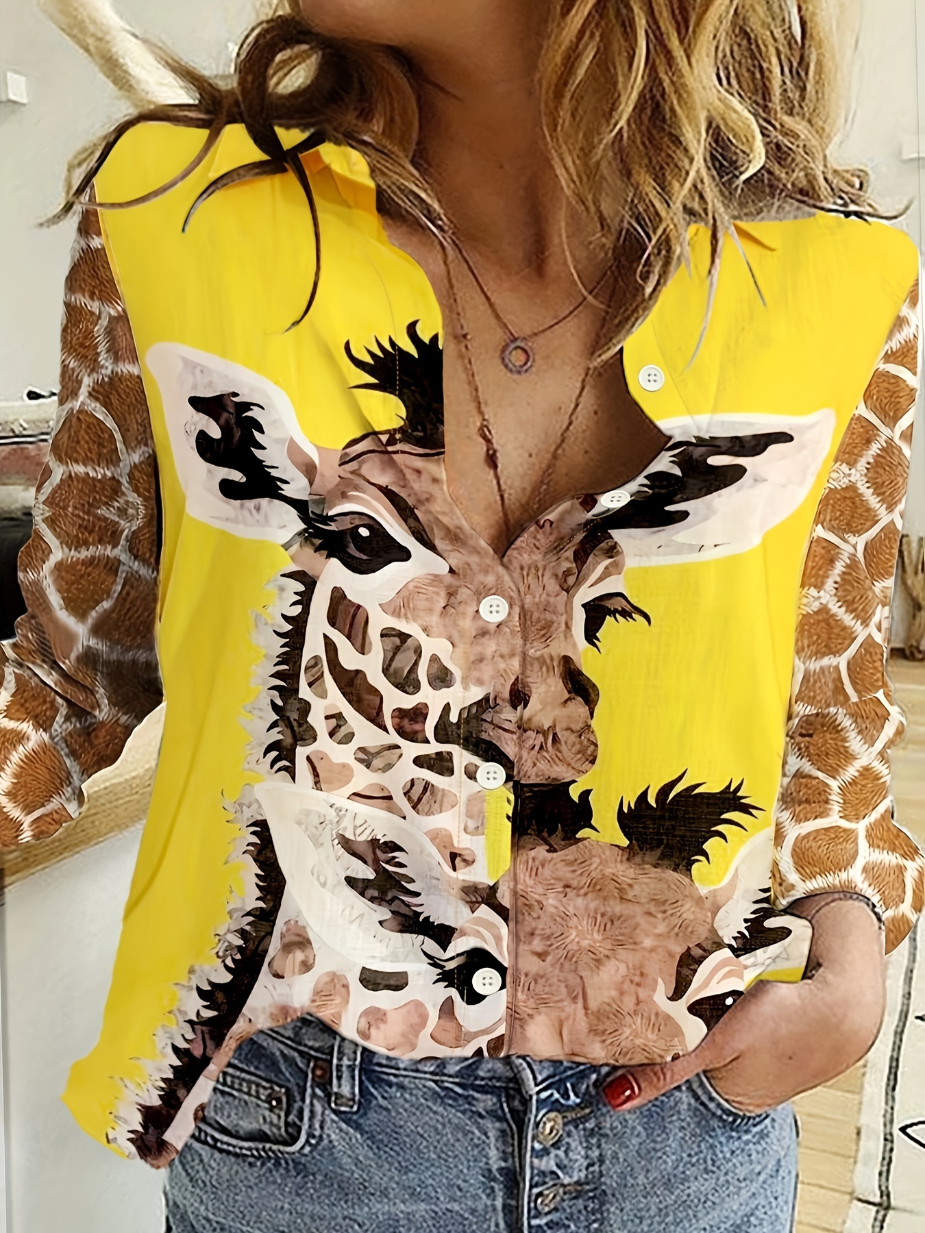 giraffe print button shirt casual long sleeve shirt for spring fall womens clothing