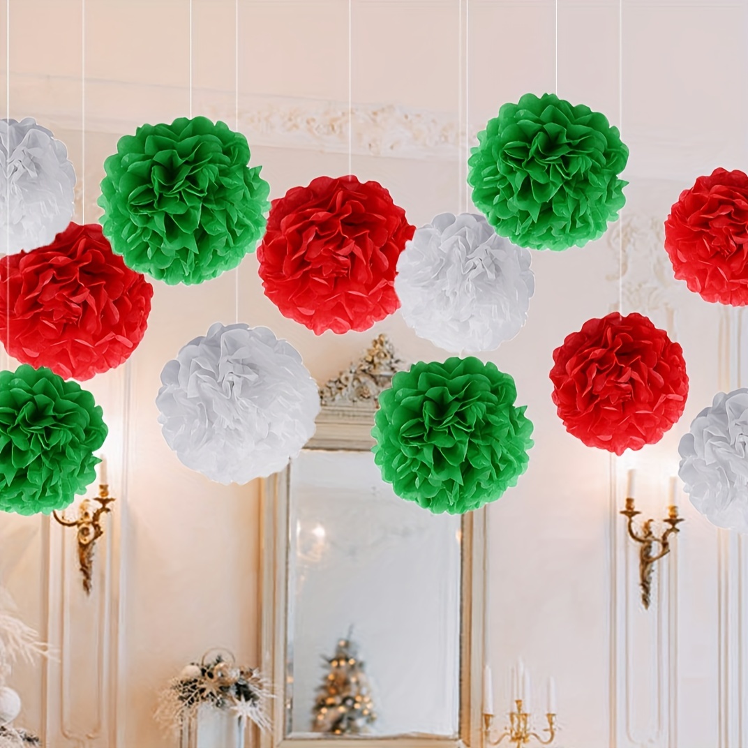 Red Green White Paper Pom Poms, Party Decoration Kit 21pcs of 8,10,12 inch  Tissue Flowers for Christmas Graduation Birthday Fiesta Celebration Events