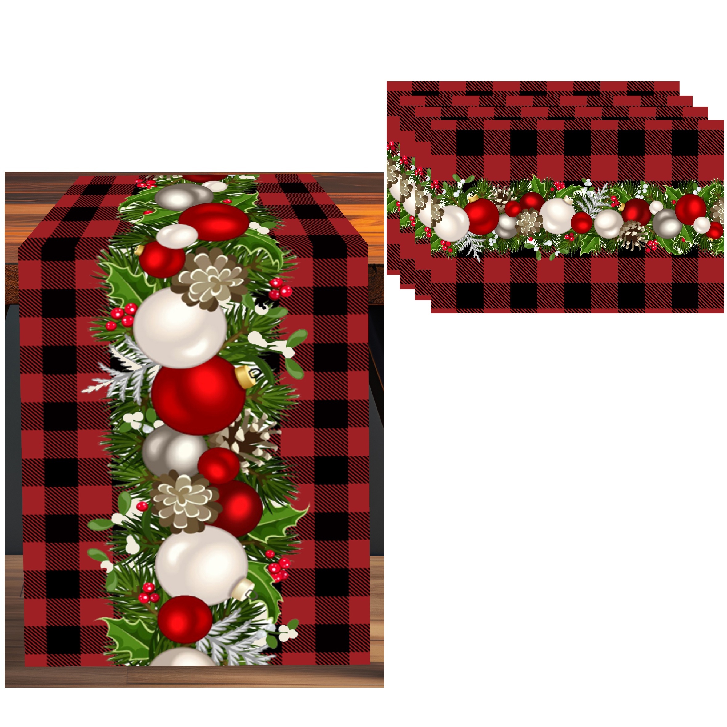 

1/4pcs, Polyester Table Runner/placemats, Christmas Theme Red Black Plaid Heat Insulation Pad, Kitchen Decorative Table Mat, Western Meal Table Pad, Christmas Decor, Dining Table Decor