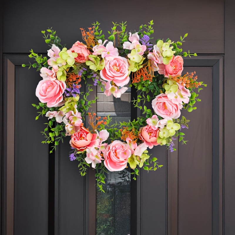 Heart Shaped Wreath Floral Rose Artificial Garland Door Wreath for Home  Wedding Valentine's Day Decoration, Red Pink, 14 inches