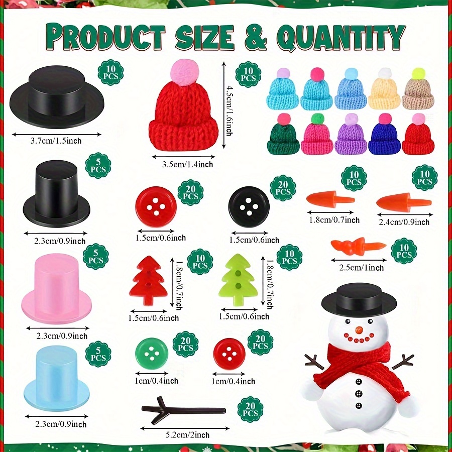  DoreenBow 310 PCS DIY Christmas Snowman Craft and Sewing  Supplies with Mini Knit Christmas Hats,Carrot Noses Buttons and Tiny Black  Buttons Top Hats for Xmas Snowman DIY Crafts