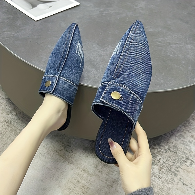 Women's Denim Flat Mules Fashion Pointed Toe Slip Non Slip - Temu