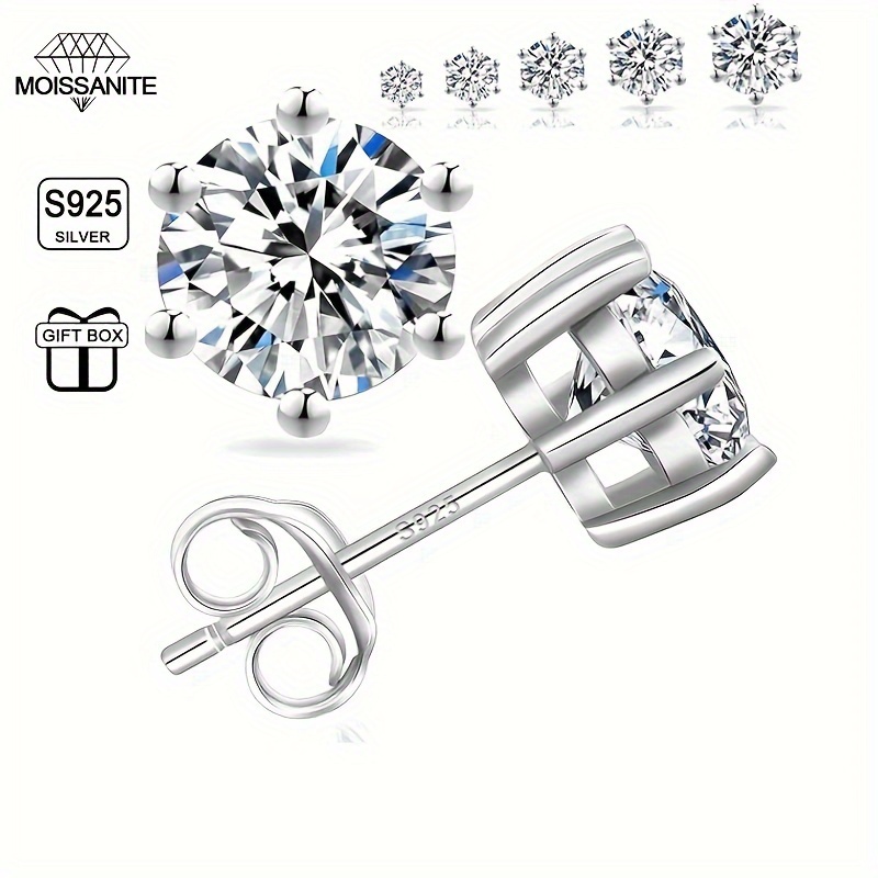 

1pair 925 Sterling Silver 0.3ct/0.5ct/1ct/2ct Moissanite Round Stud Earrings For Men, Trendy Couple Earrings, Valentine's Day Anniversary Gift