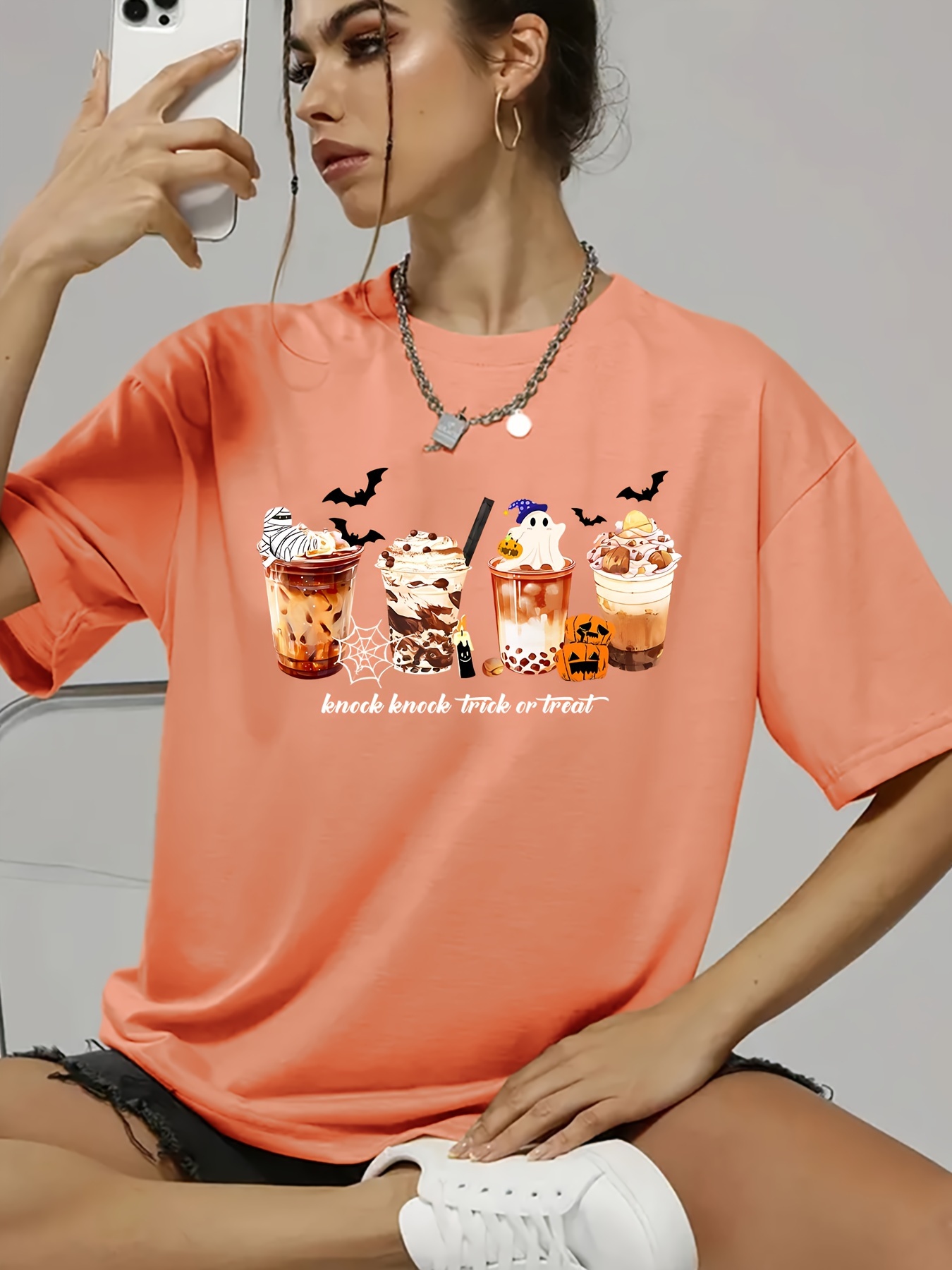 Halloween Coffee Print Crew Neck T shirt Casual Short Sleeve - Temu