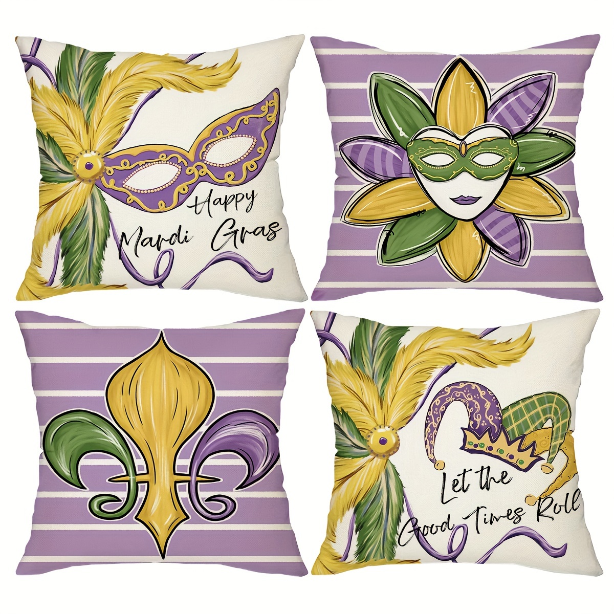 Mardi Gras Throw Pillows 18x18” Cushion Decoration Mask Set of 2 Complete  Ready!