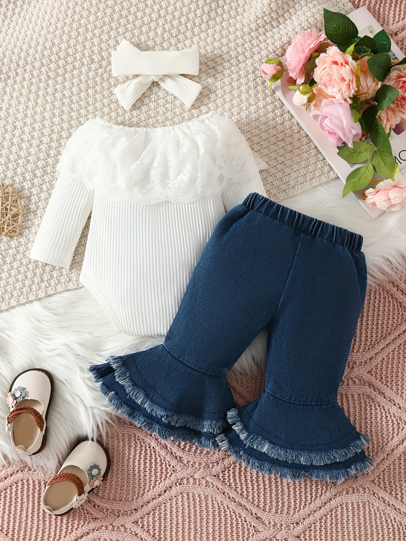 spring and autumn girls outfit featuring a ribbed lace onesie and fringed flared jeans a two piece set for infants and toddlers for outdoor Product details 13