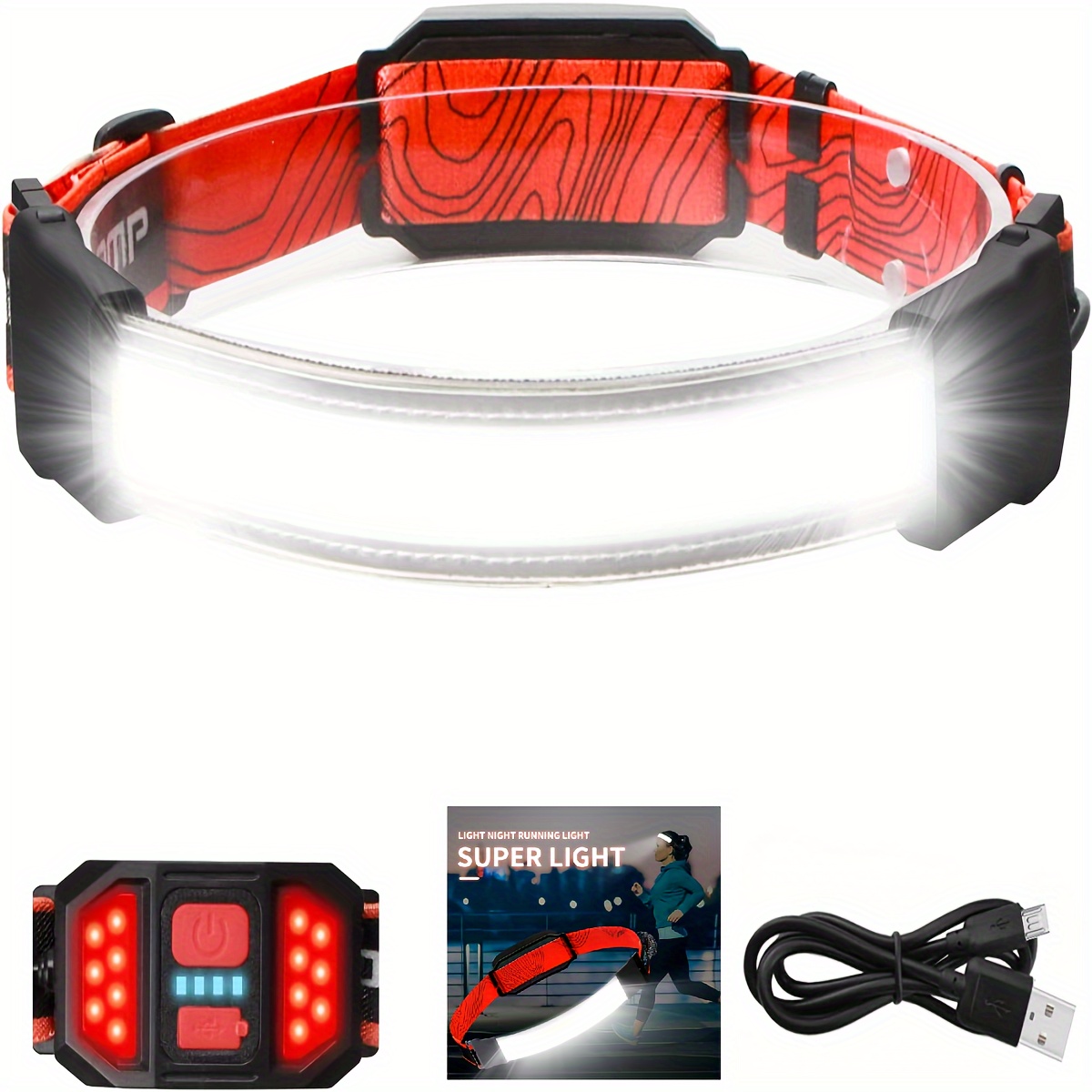 PSDRIQQ Linterna frontal recargable, paquete de 3 faros LED brillantes de  haz ancho, linterna con luz trasera roja, 1200 lúmenes, ligero, ajustable