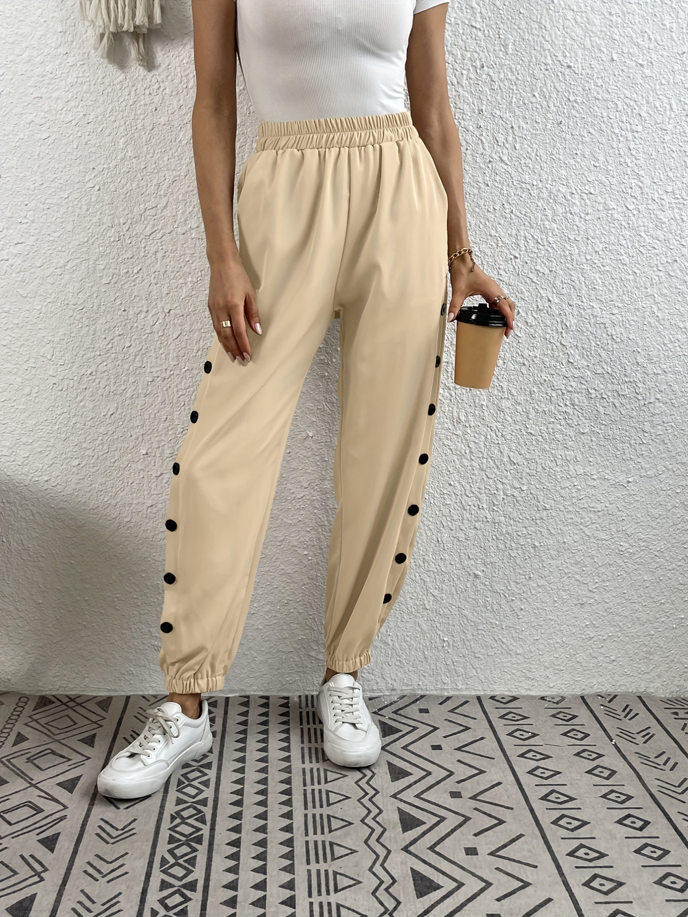 Solid Smocked Waist Pants, Casual Long Length Slim Elastic Pants With  Buttons Deco, Women's Clothing