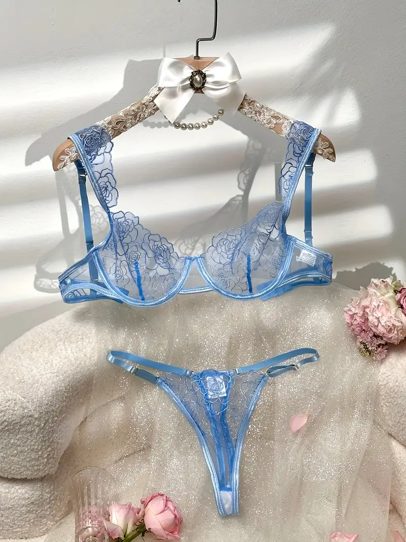 Solid Floral Embroidery Lingerie Set, Lace Trim See Through Bra & Thongs,  Women's Sexy Lingerie & Underwear