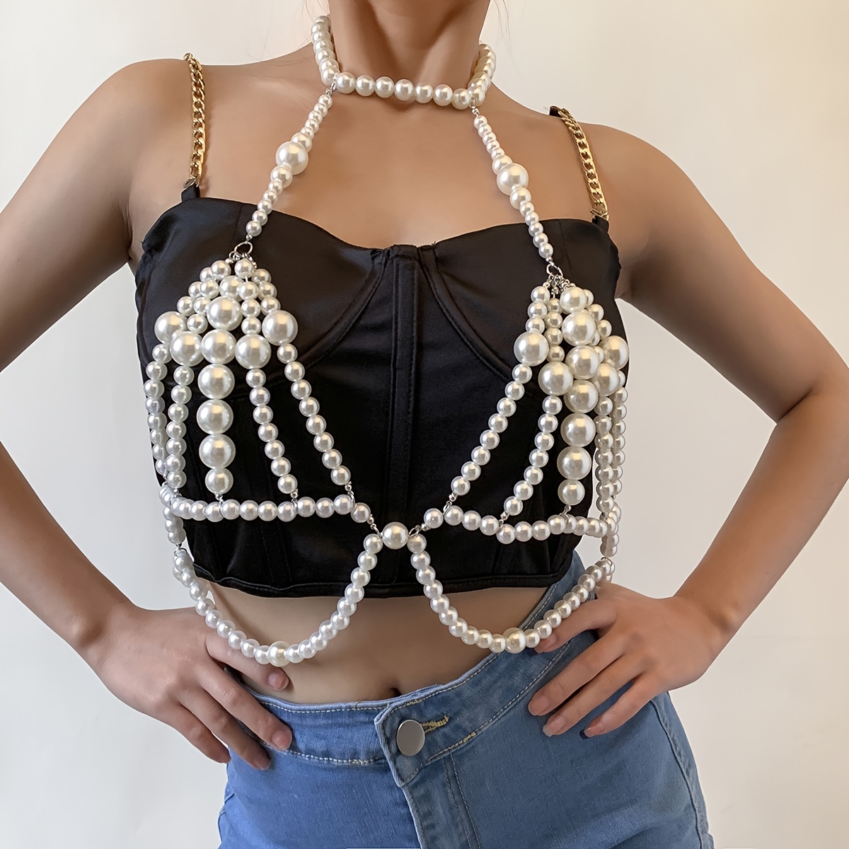 1pc White Large Faux Pearls Beads Beaded Body Chain Jewelry Exaggerated  Nightclub Rave Carnival Party Lingerie Decoration