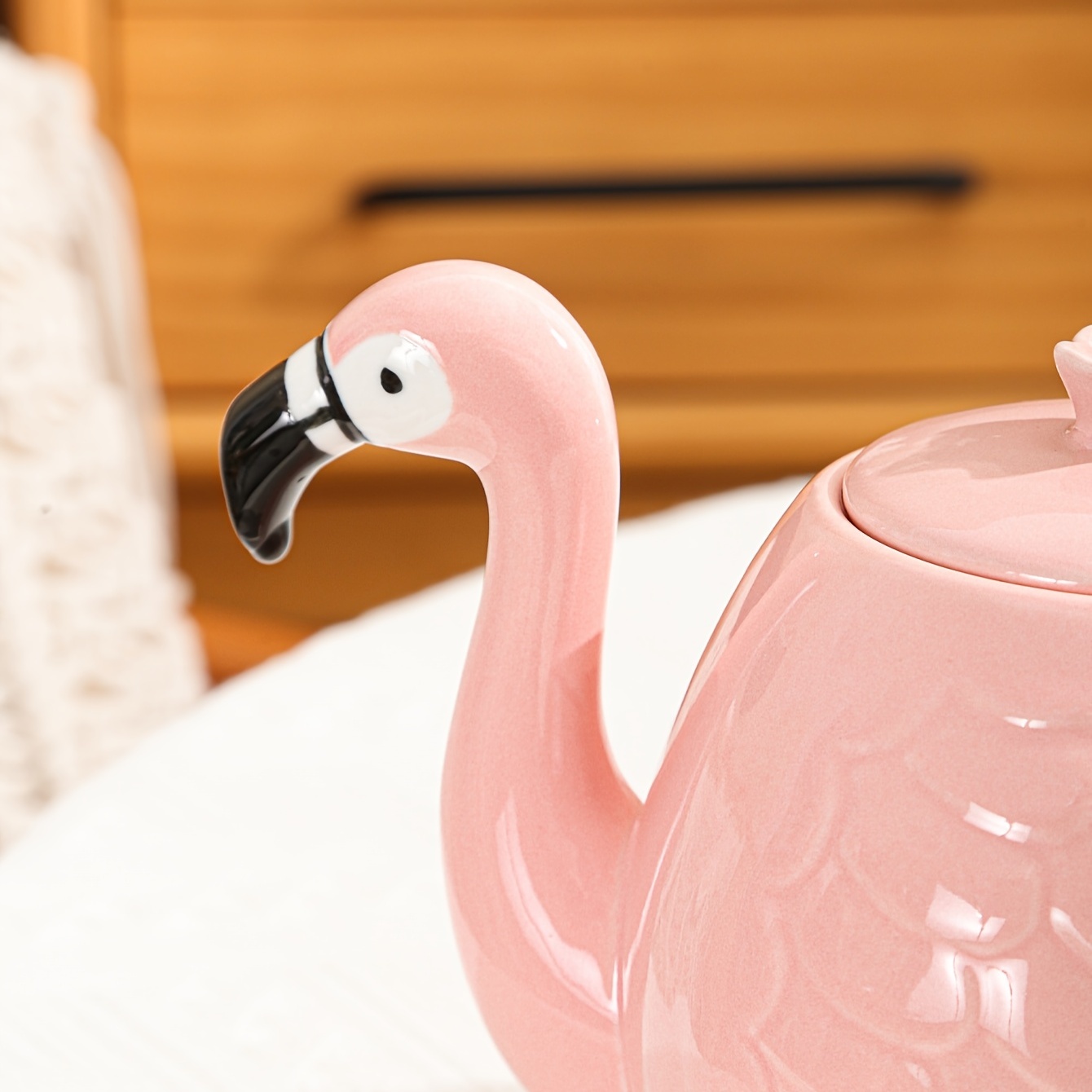 Teapot Set with Cup Cute Pink Flamingo Shape Ceramic Tea Pot Cup Kitchen Use