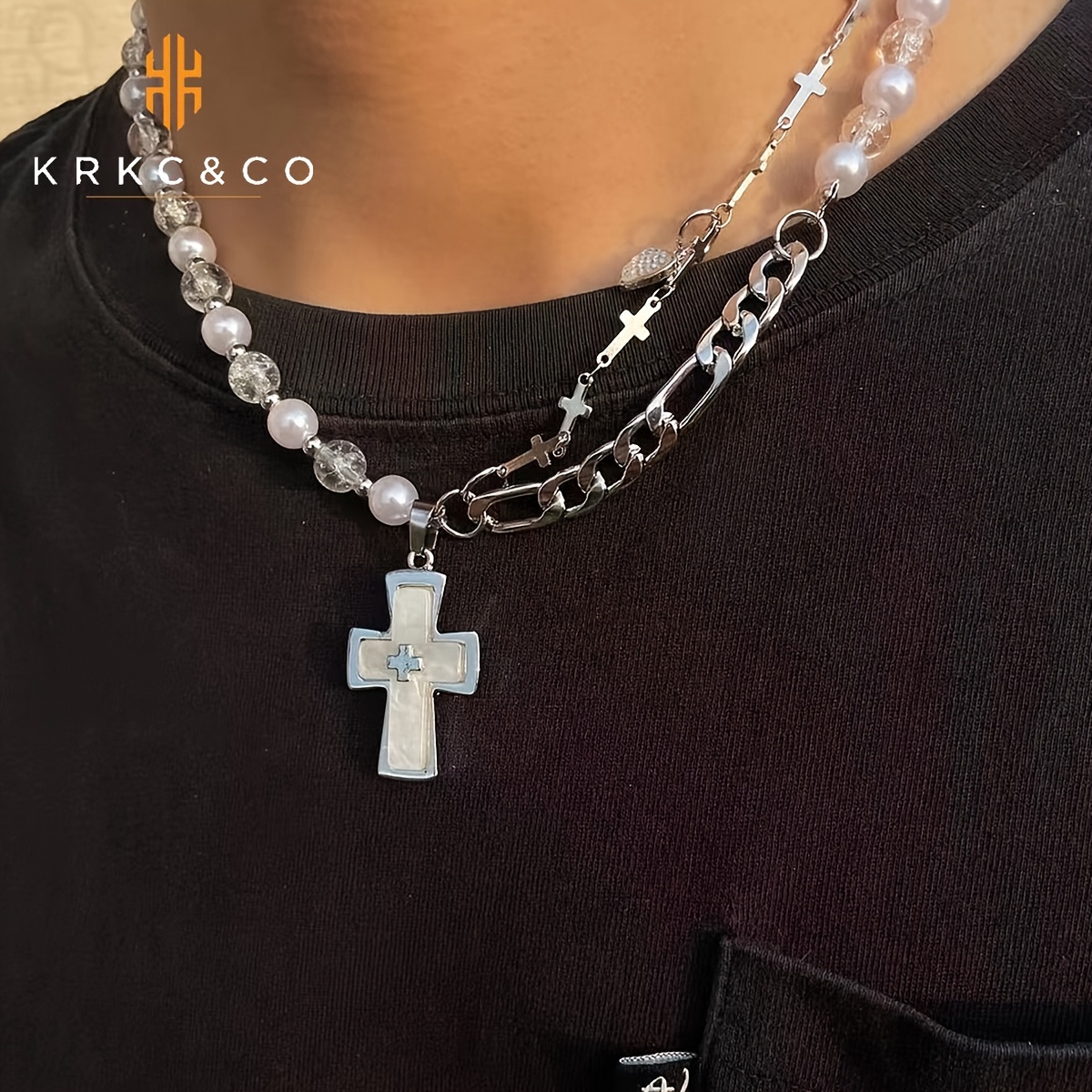 1pc KRKC&CO Hip-hop Titanium Steel Multi-layer Pearl Pendant Necklace Cross  Pendant Cuban Necklace