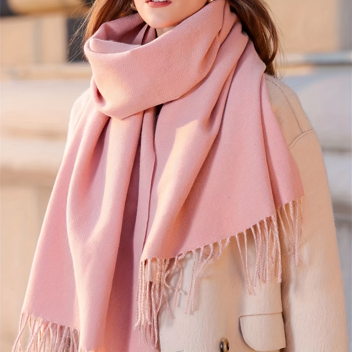 Solid Color Chunky Scarf Imitation Cashmere Warm Tassel - Temu