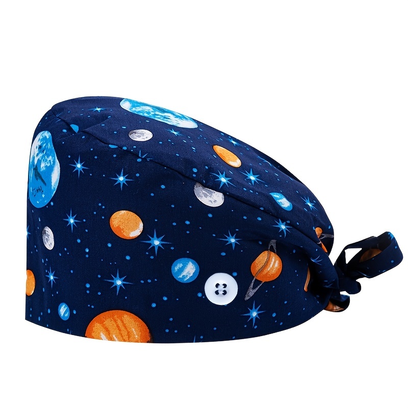 Cartoon Print Work Hat Adjustable Nurse Hat With Buttons Elastic Scrub Cap