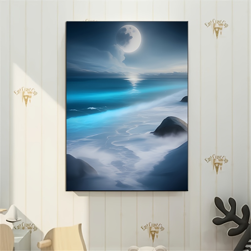 キャンバスポスター1枚 モダンアート 月と海の波のパターン 寝室