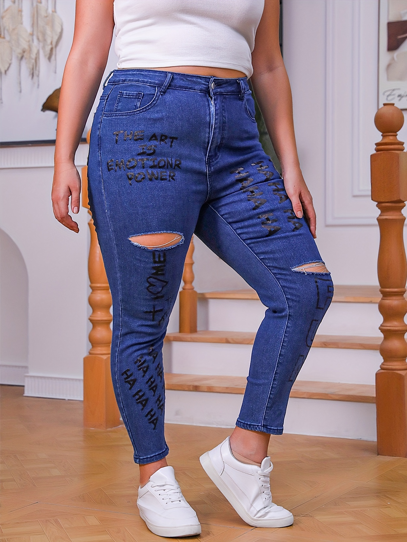 Jeans Casuales De Talla * Jeans Ajustados De Tiro Alto Con Botones Rasgados  Y Estampado De Letras Para Mujer