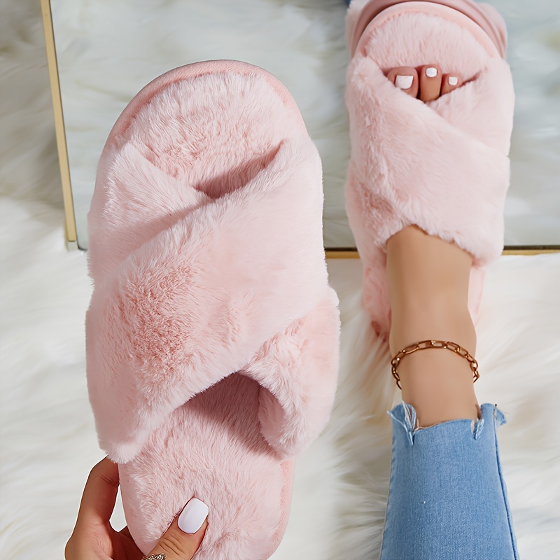 Fluffy Crisscross Band House Slippers Solid Color Cozy Open Temu