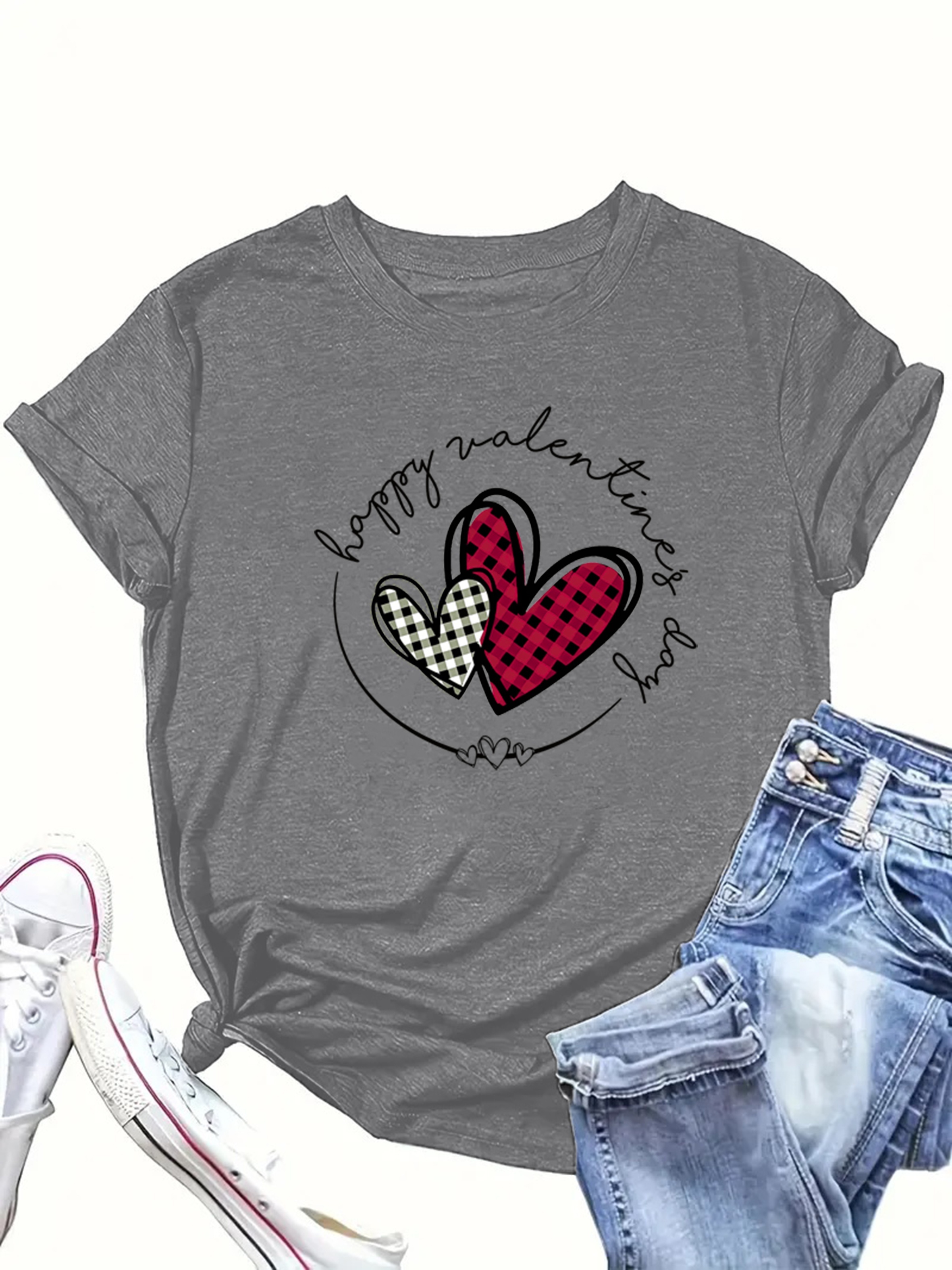 Plaid Heart Print T shirt Casual Short Sleeve Crew Neck Top - Temu New  Zealand