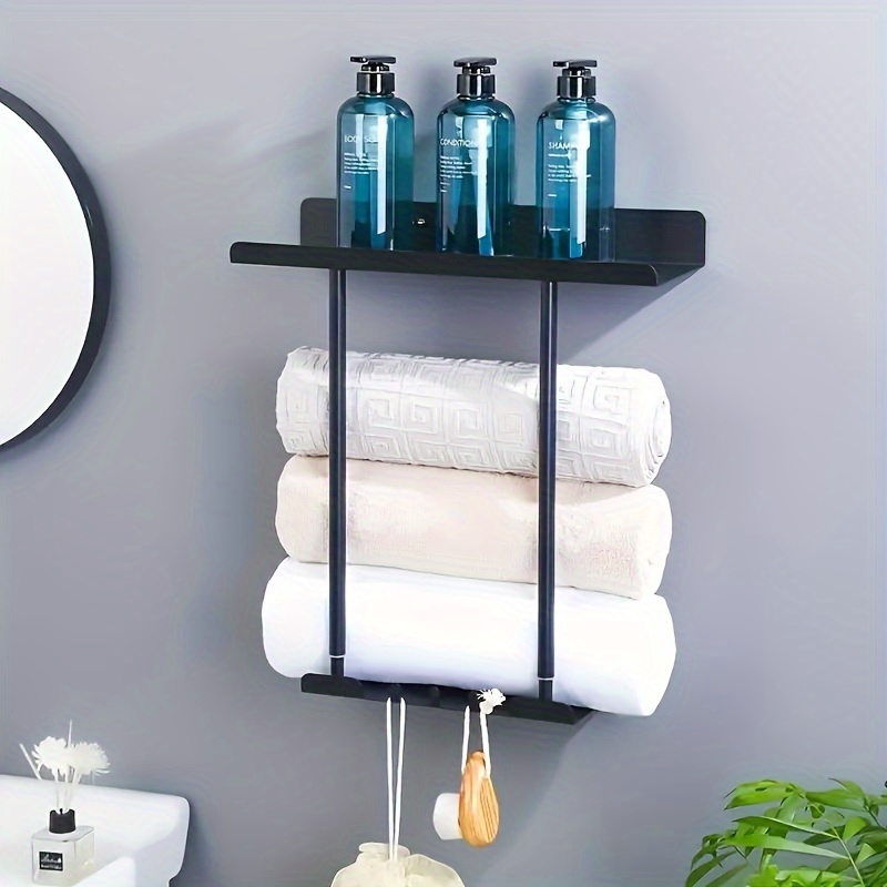 Toalleros para baño montado en la pared, soporte de metal con estante de  madera, toallero de pared para toallas de baño enrolladas, toallas de mano