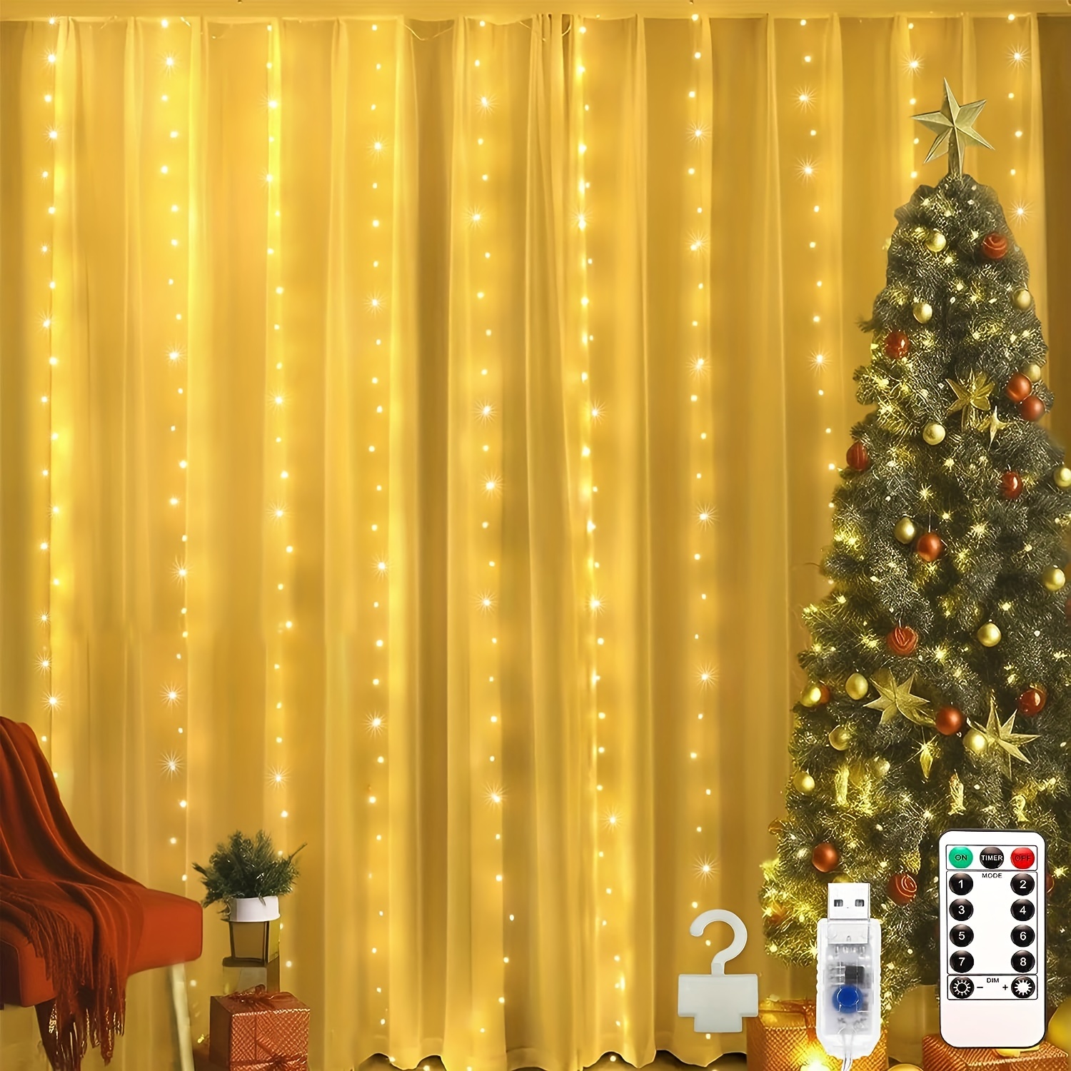 300 LED Guirlande Lumineuse Rideau Blanc chaud, 3m*3m 8 Modes d'Eclairage  USB Télécommande Guirlande Lumineuse avec Minuterie, pour Noël, Mariage,  Anniversaire, Fenêtre, Maison, Patio : : Bricolage