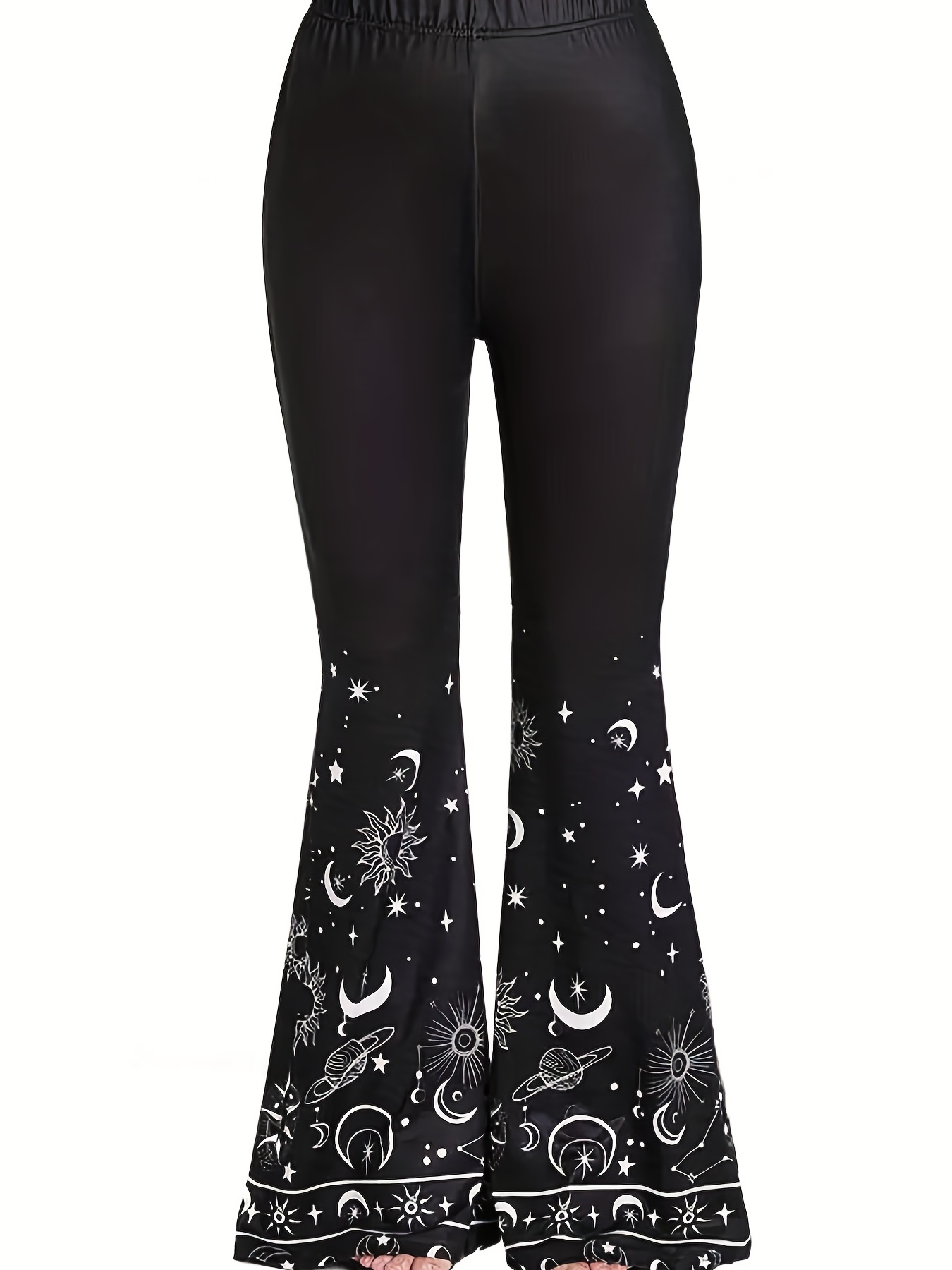 Nituyy Women's Flare Pants Elastic High Waist Sun Moon Print Bell-Bottoms Trousers  Flared Leggings Streetwear 
