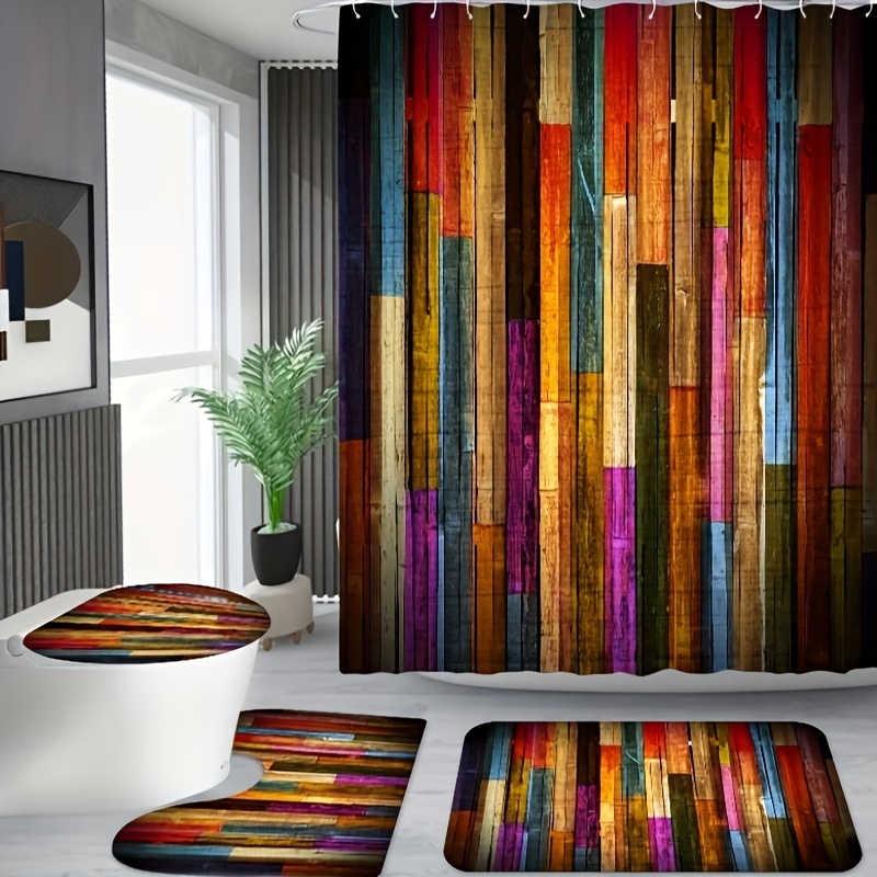 1/4pc Rustic Wooden Pattern Shower Curtain Set, Colorful Wooden Board Print  Waterproof Shower Curtain With Plastic Hooks, Non-Slip Rug, Toilet Lid Mat