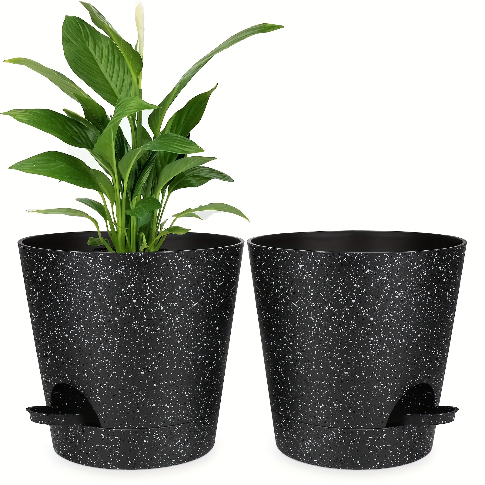 MUAEEOK Lot de 2 grands pots de fleurs en plastique à arrosage automatique  de 25 cm réservoir profond et trous de drainage élevés plantes et fleurs  d'intérieur et d'extérieur (noir) Taille Unique 