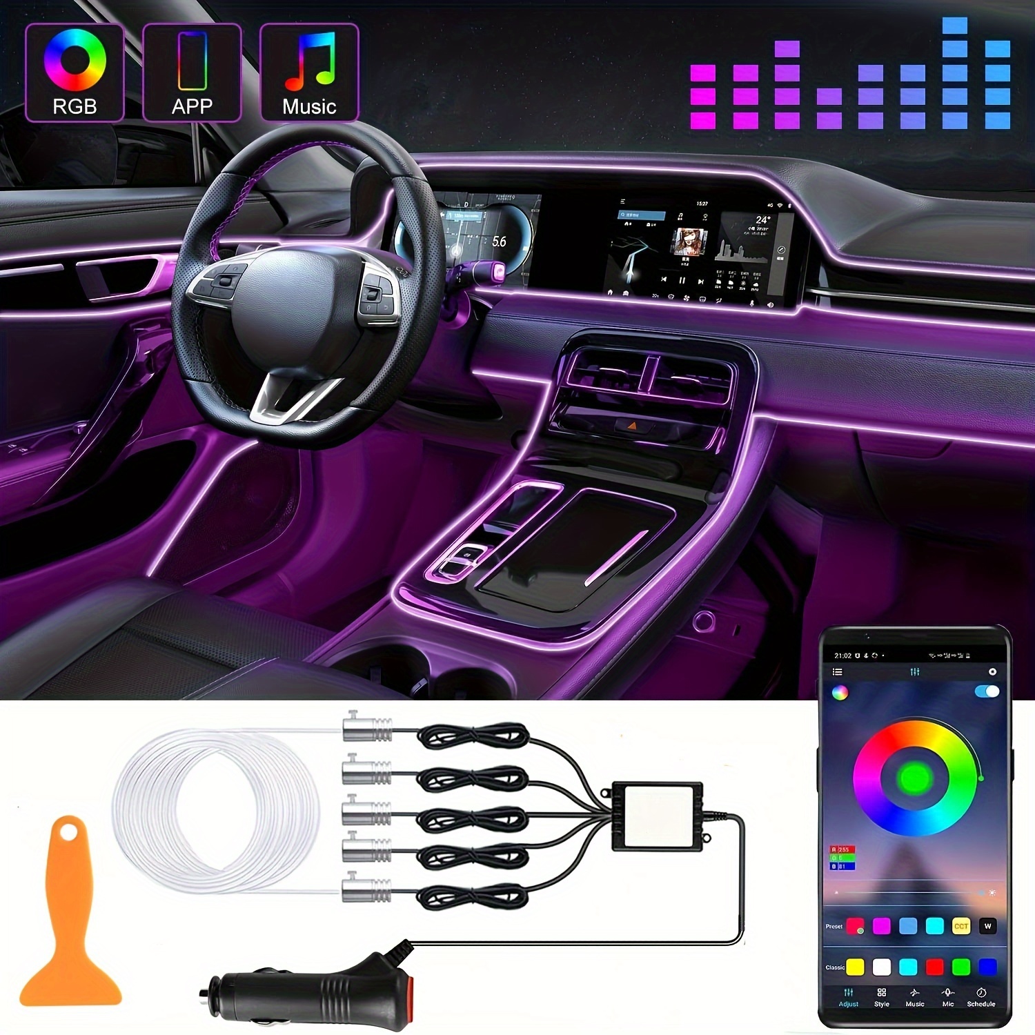  Car Led Strip Lights,Interior Lights,Ambient Lighting Kit With  RGB 16 Million Colors Fiber Optics&Music Sync Rhythm,USB Neon Light  Accessories for Center Console&Dashboard,Upgraded Version : Automotive