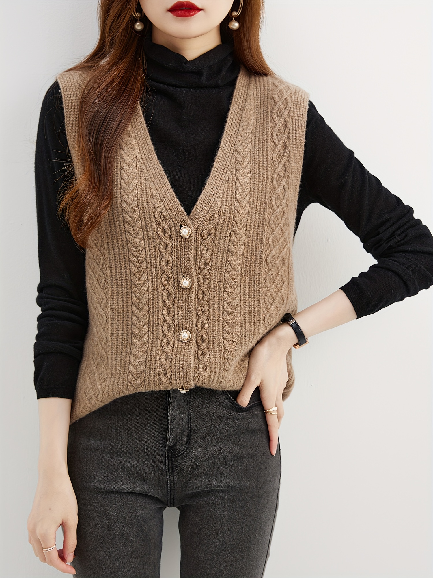 Solid Button Down Cable Knit Vest, Elegant Wool Sleeveless V Neck Sweater,  Women's Clothing
