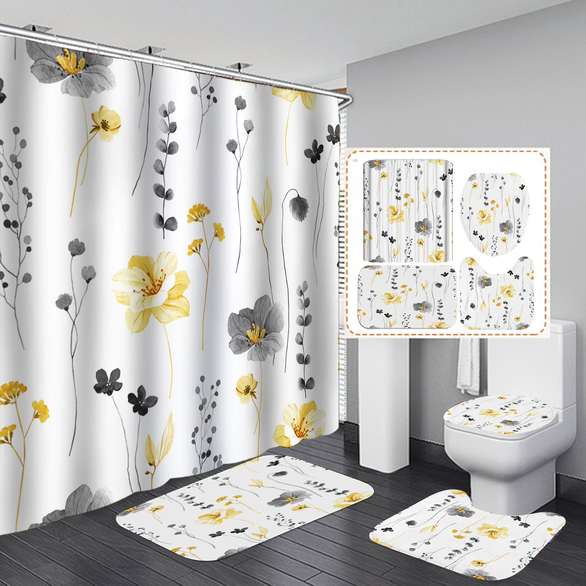 Floral Pattern Bathroom Set Waterproof Decorative Shower - Temu Canada