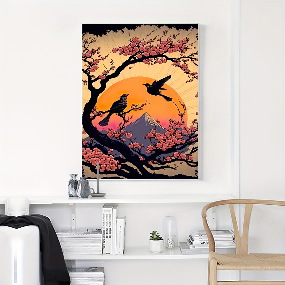 1pc Canvas Two Birds On A Tree Branch In Sunset HD Prints Painting Ukiyo-e  Wall Art Japanese Landscape Poster Beautiful Home Decor Modular Pictures Mo