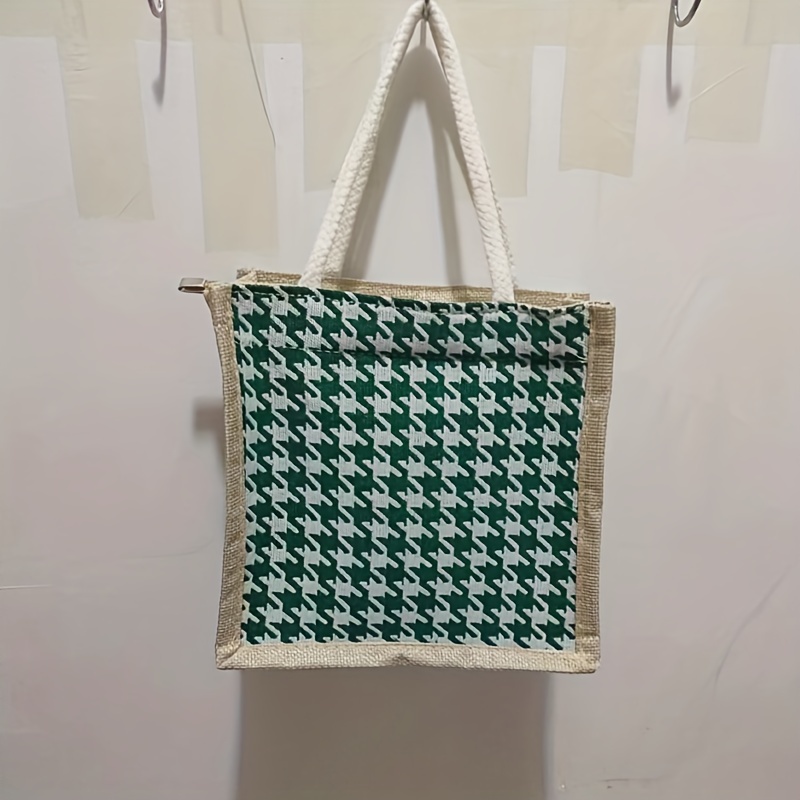 Houndstooth Pattern Linen Tote Bag, Button Decor Handbag, Simple Lunch Box  Bag For Work & School - Temu Japan