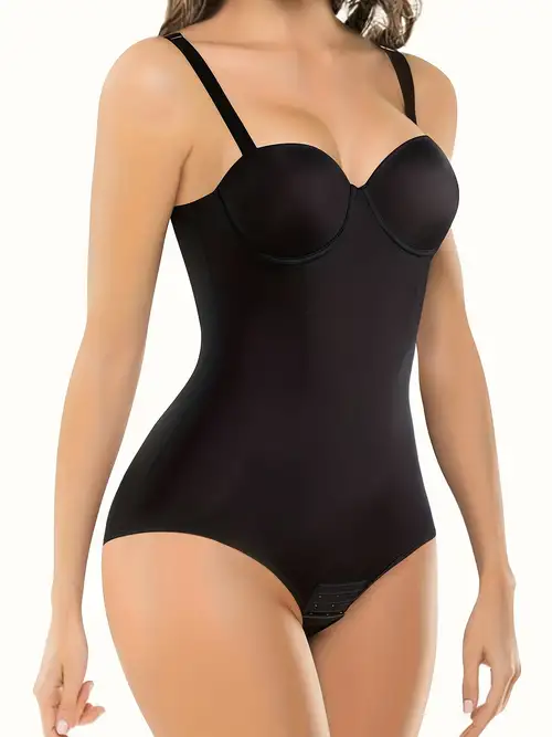 Solid Plunging Shaping Slip Bodysuit, Cut Out Tummy Control Push