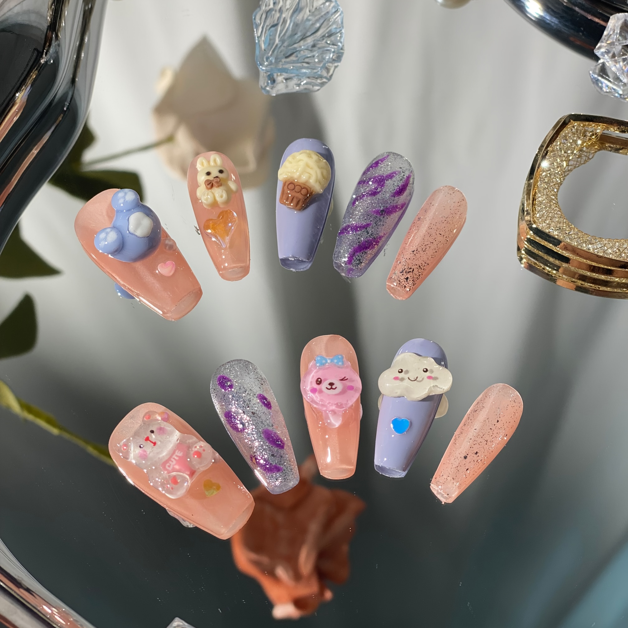 Cute Cartoon Fake Nails Press Nails 3d Kawaii Bear Rabbit - Temu