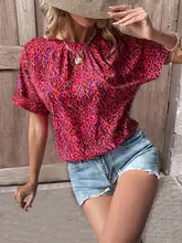 allover print tucked blouse casual crew neck short sleeve blouse womens clothing