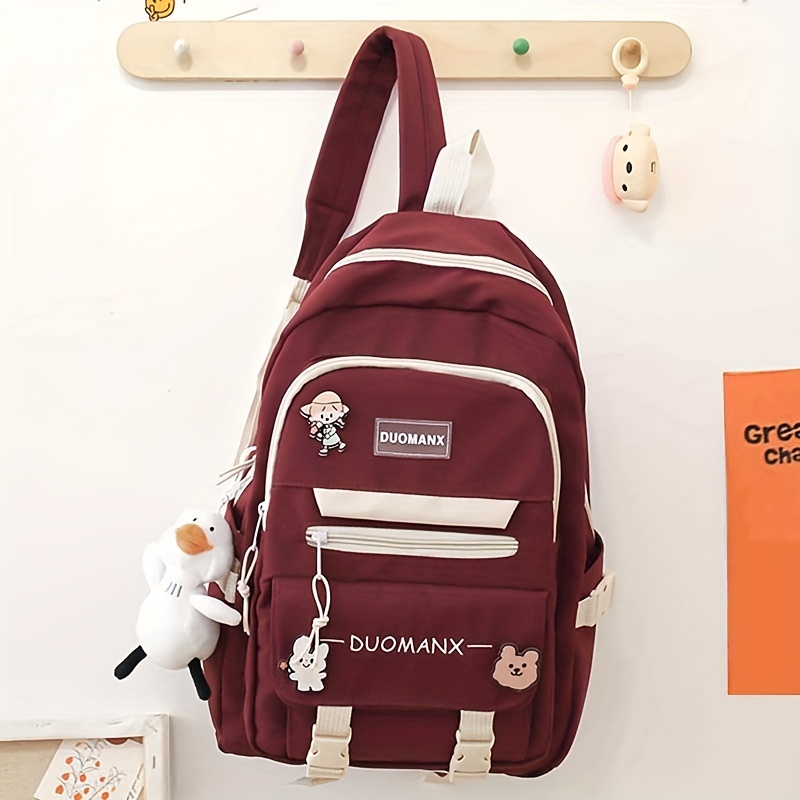 Girls Letter Patch Decor Functional Backpack With Bag Charm