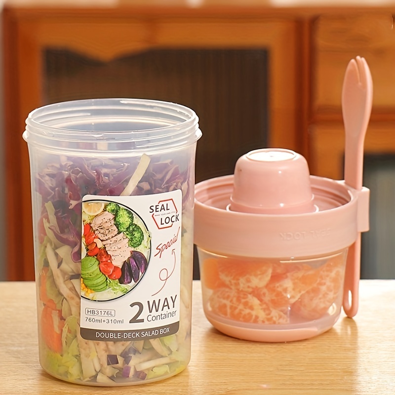 Leakproof Bpa Free Portable Double-layer Breakfast Cup With Fork - Perfect  For Yogurt, Oatmeal, Milk, Salad & Lunch! - Temu