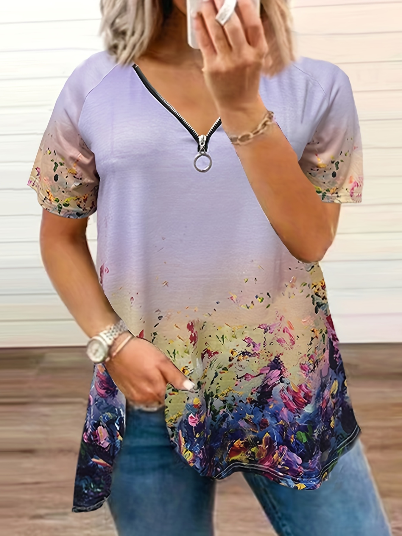 Plus Size Casual Top, Women's Plus Colorblock Floral Print V Neck Zipper  T-shirt