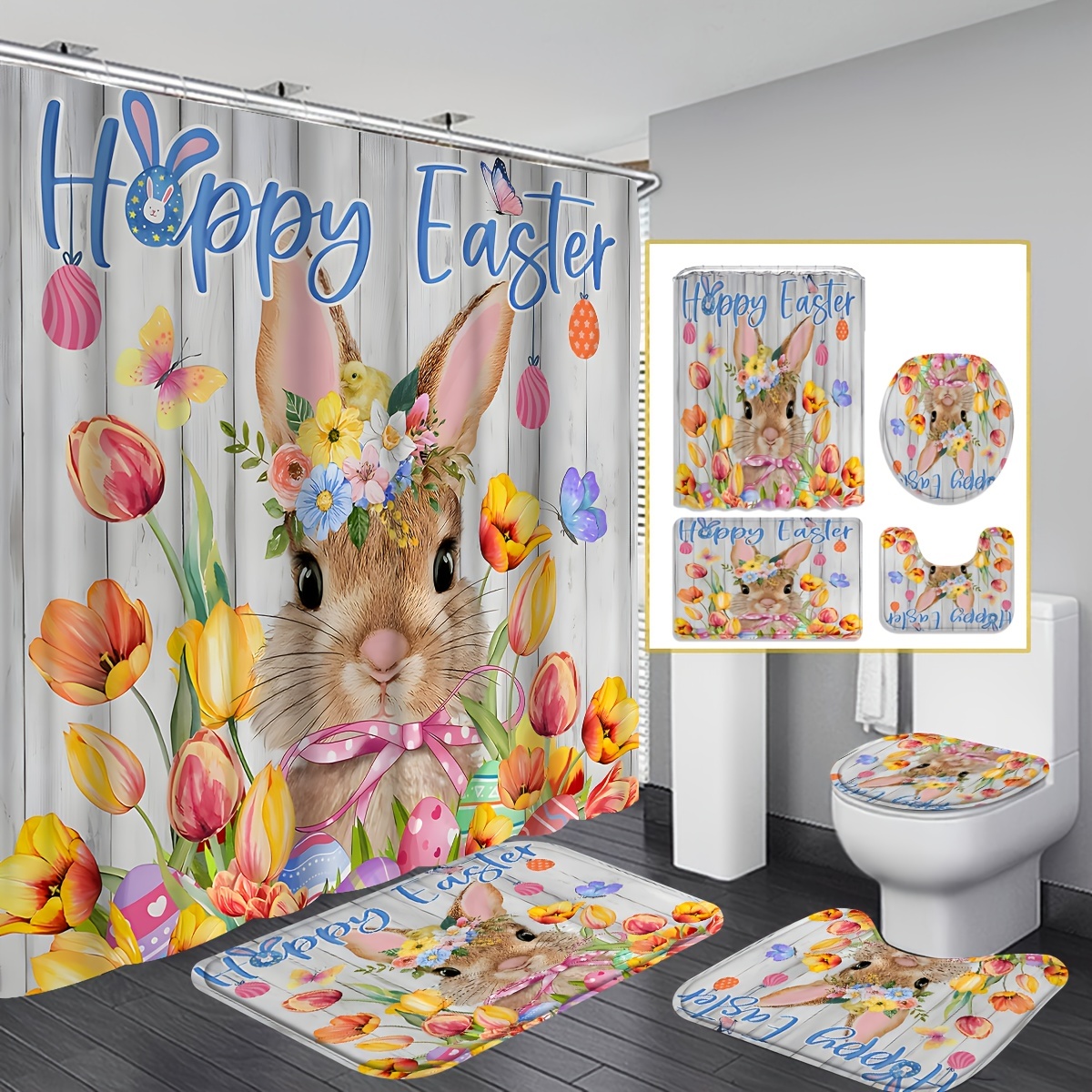 

1/4pcs Easter Rabbit & Flower Printed Shower Curtain Set, Waterproof Bathroom Partition Curtain With Hooks, Non-slip Bath Rug, U-shape Mat, Toilet Lid Cover Mat, Bathroom Accessories, Home Decor
