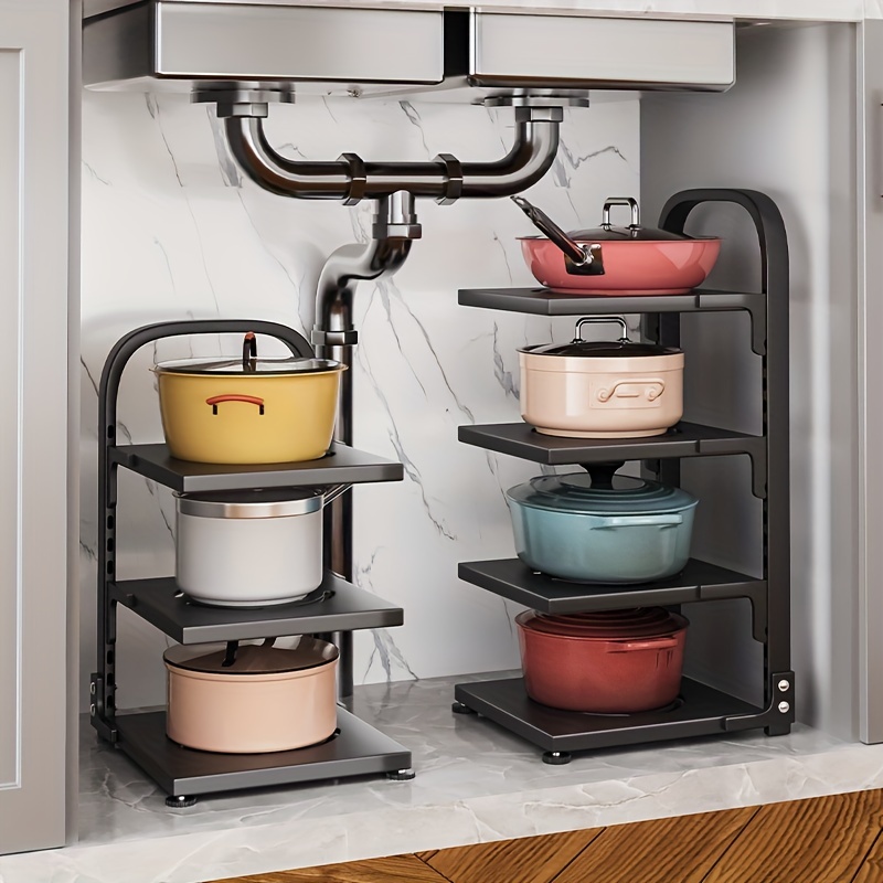 Organizador de ollas de cocina, 4 niveles, altura ajustable, estante para  sartenes que ahorra espacio para debajo del gabinete del fregadero,  encimera