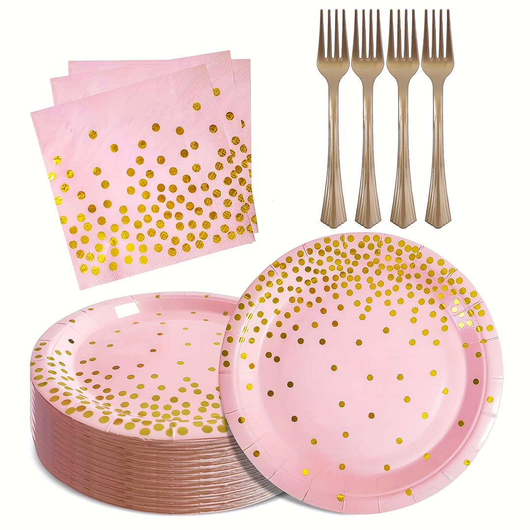 40 piezas de artículos para fiestas de color rosa y dorado, juego de  vajilla desechable, platos de papel rosa, servilletas y tenedores para  cumpleaños