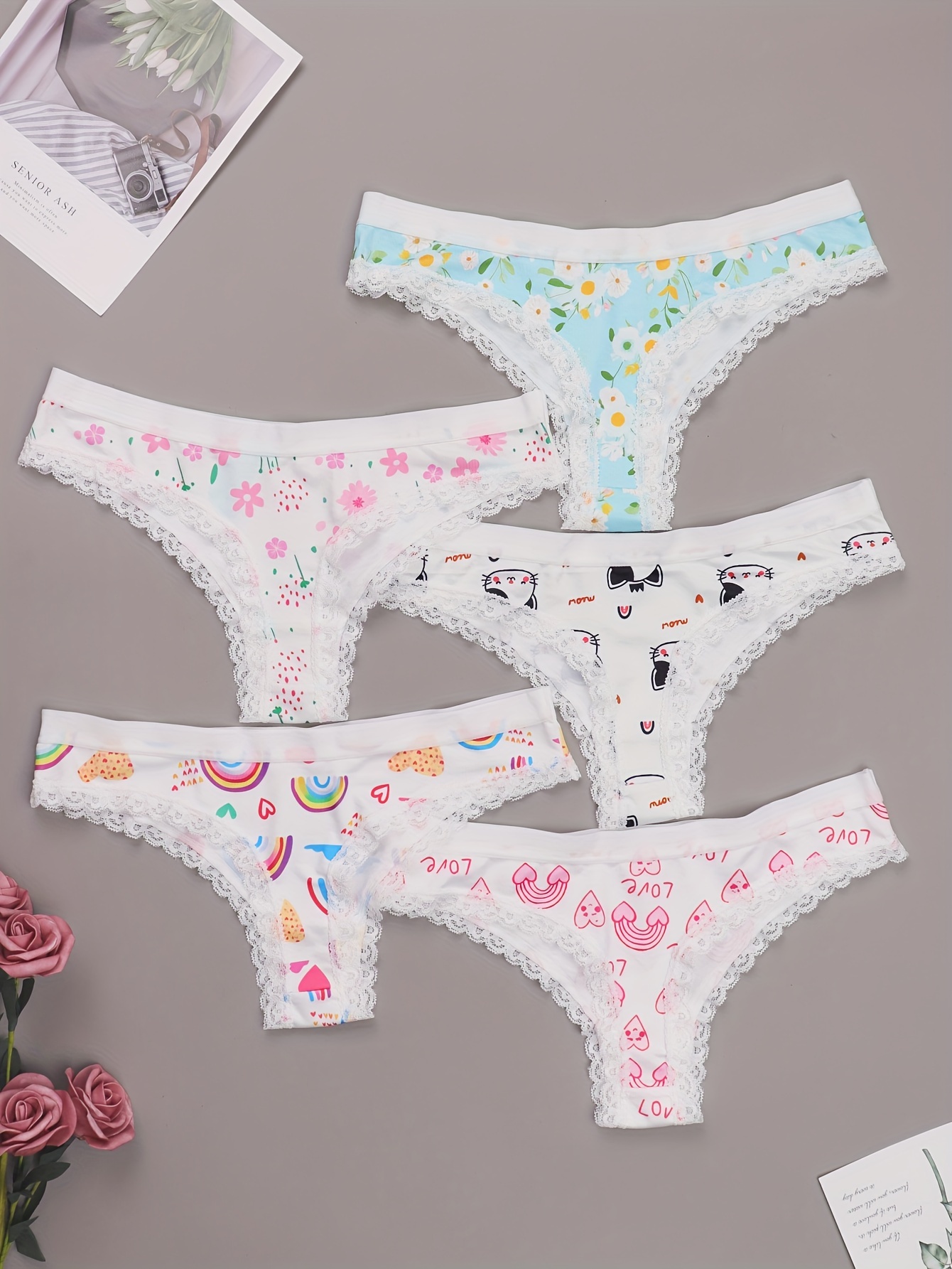 Cartoon Print Thongs Cute Comfy Lace Trim Intimates Panties - Temu Canada