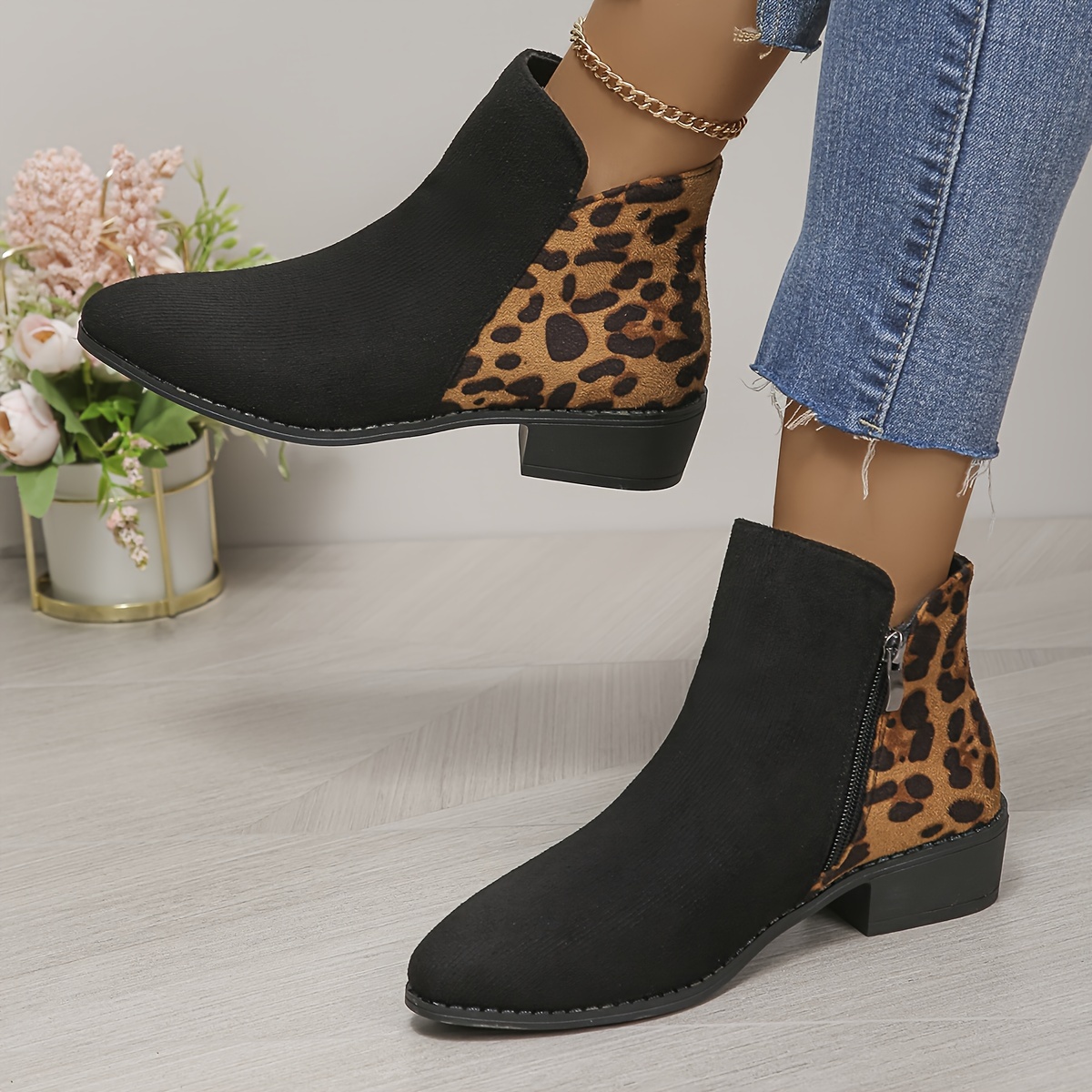 Women's Leopard Print Ankle Boots Peep Toe Side Zipper - Temu