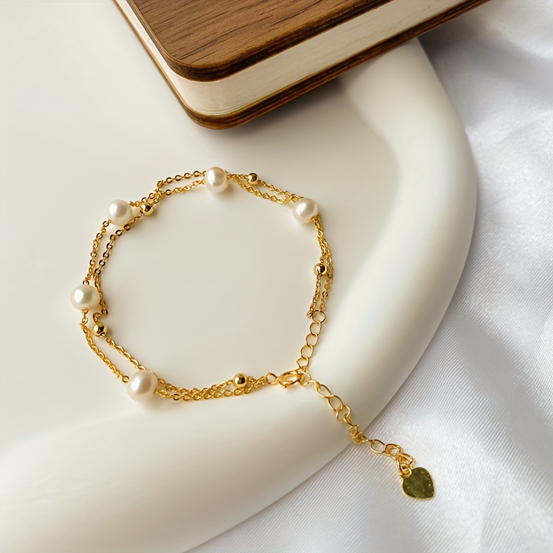 Double Chain Artificial Pearl Bracelet Layer Golden Bracelet