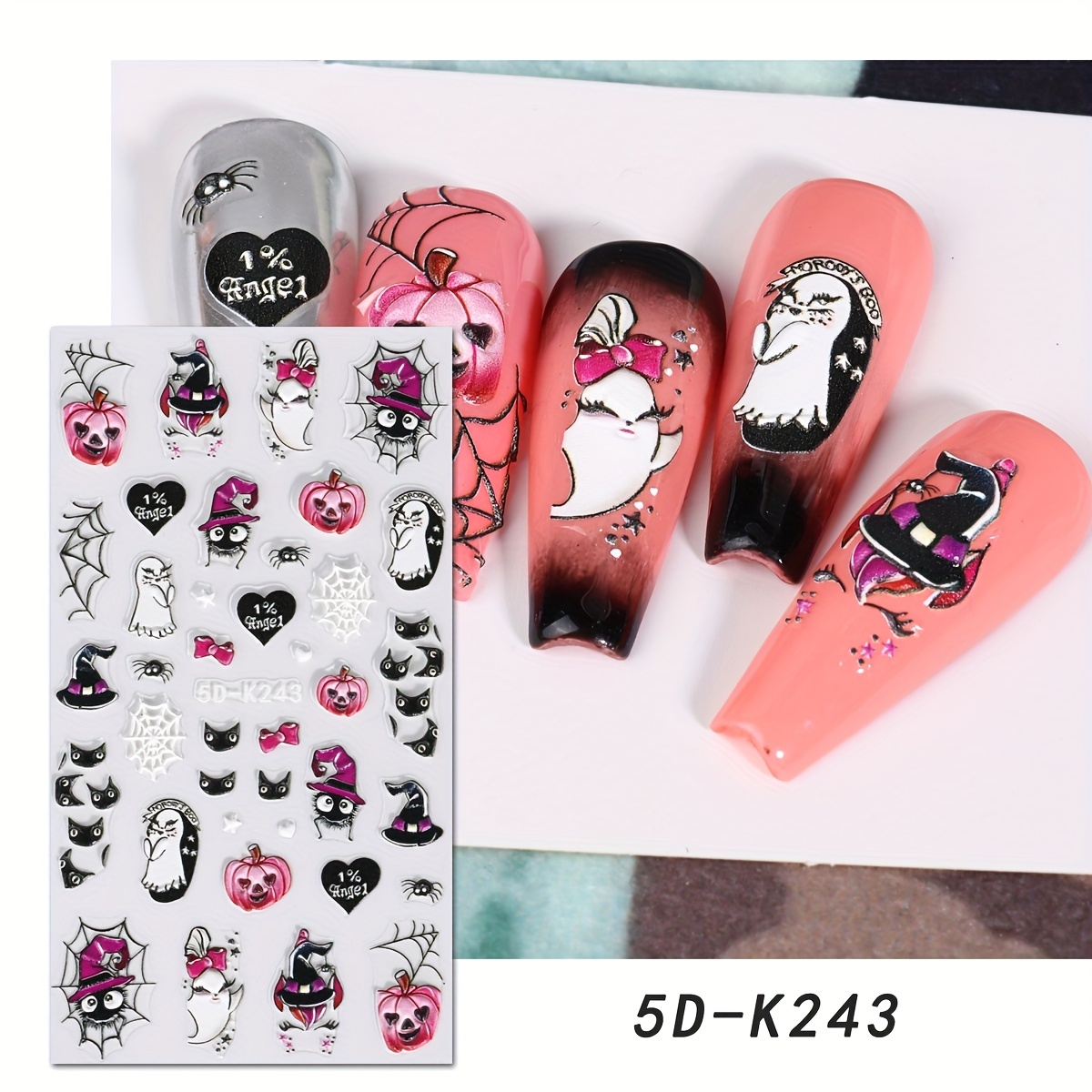 Halloween 5D Embossed Nail Sticker Hello Kitty Kuromi Pumpkin Nail Sticker  Set A