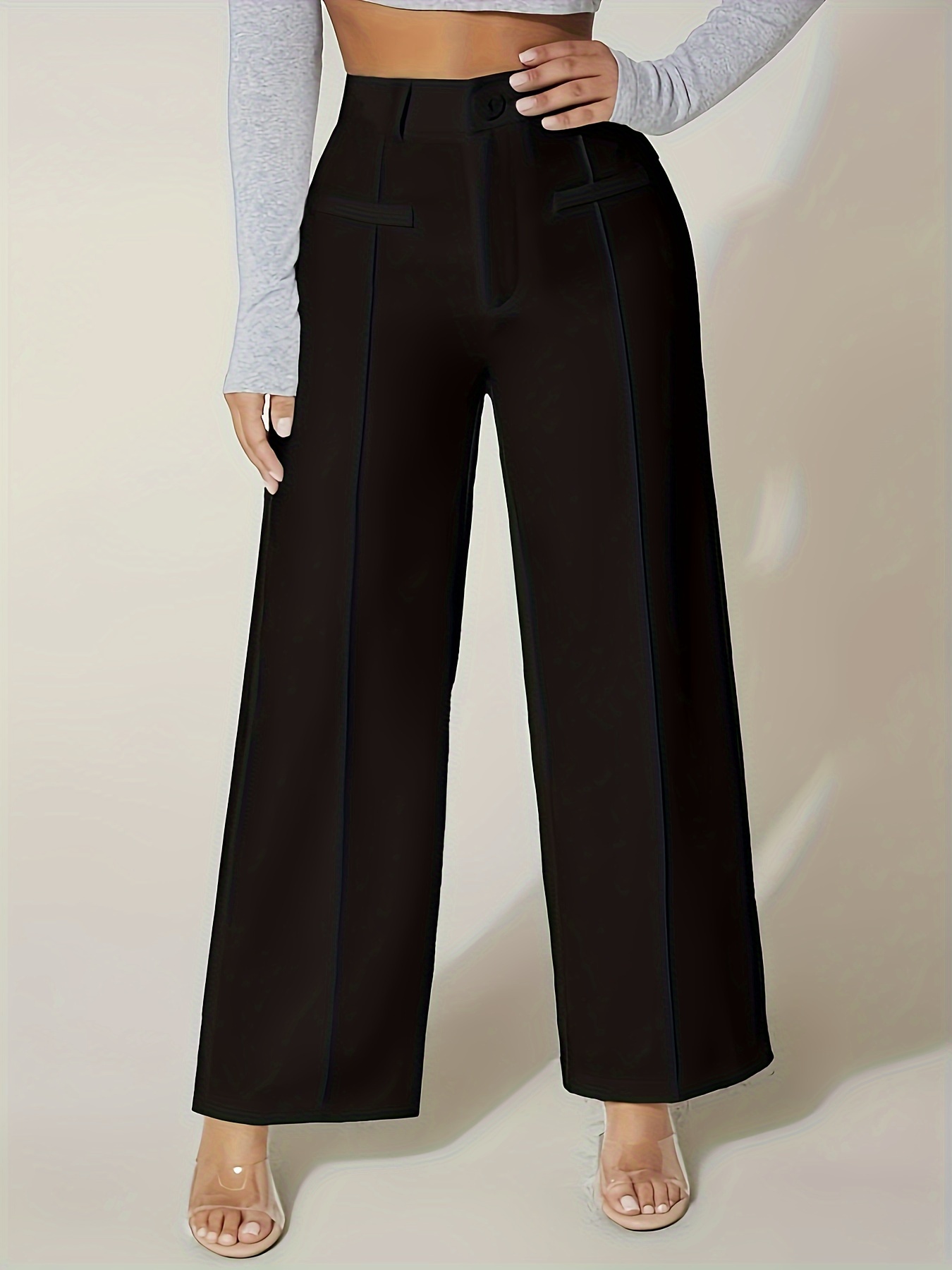 Solid Textured Wide Leg Pants Elegant Shirred Waist Pocket - Temu