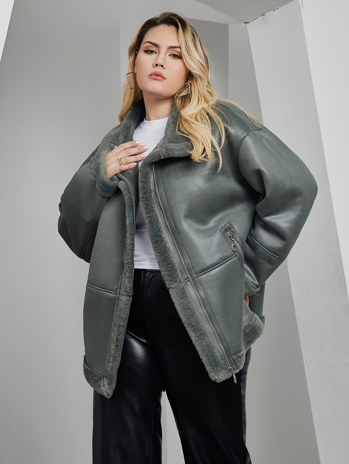 plus size casual winter coat women s plus solid teddy panel Temu