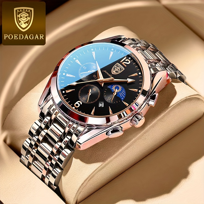 

Poedagar Men's Quartz Watch, Waterproof Luminous Calendar Stainless Steel Watch For Men, Ideal Choice For Gifts