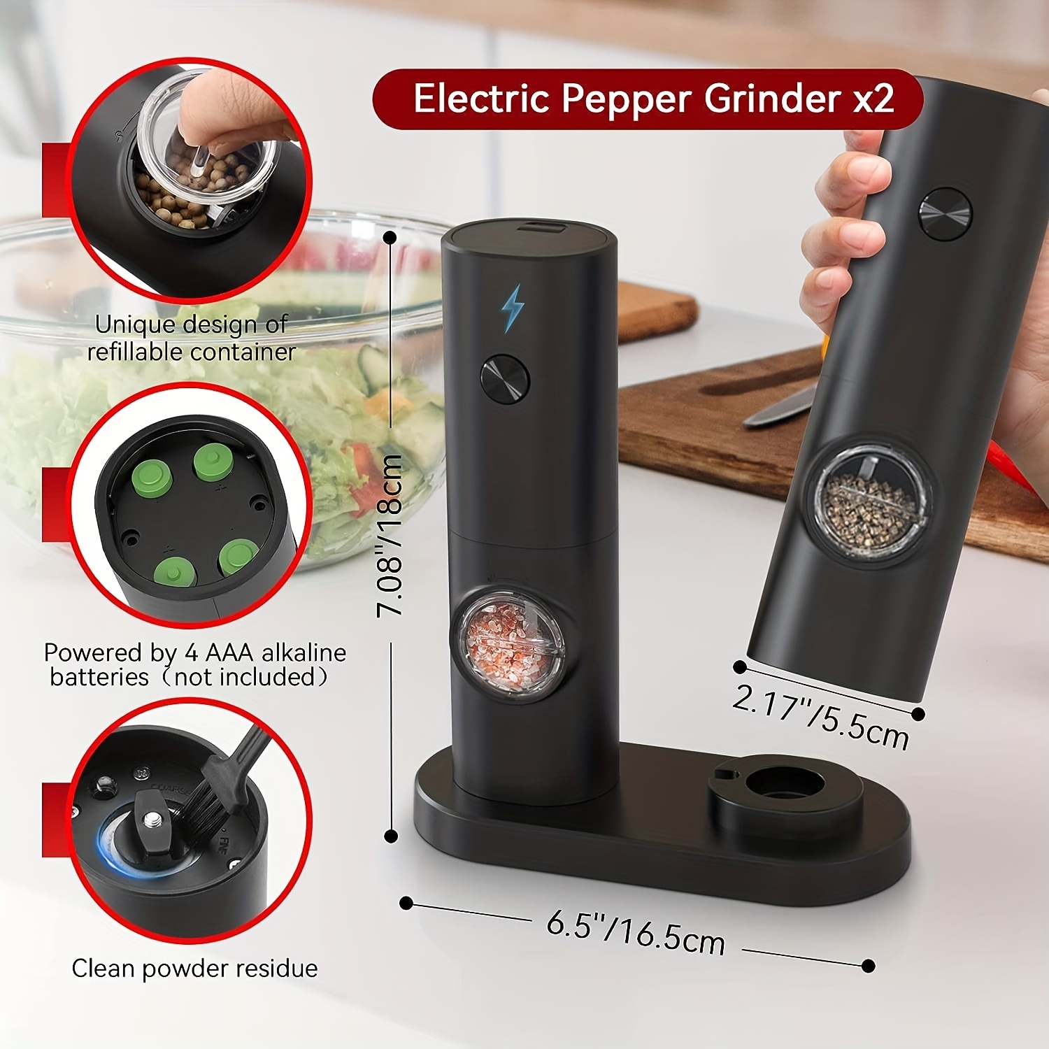 Electric Salt And Pepper Grinder Set Battery Operated,Auto Pepper Mill  Grinder Refillable, Adjustable Coarseness